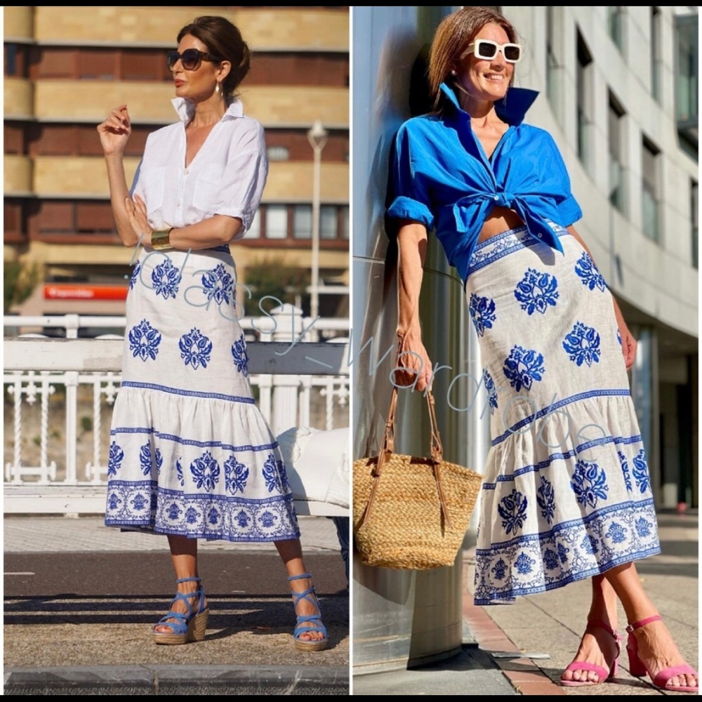 NWT Zara Embroidered white and royal blue midi skirt size XSmall